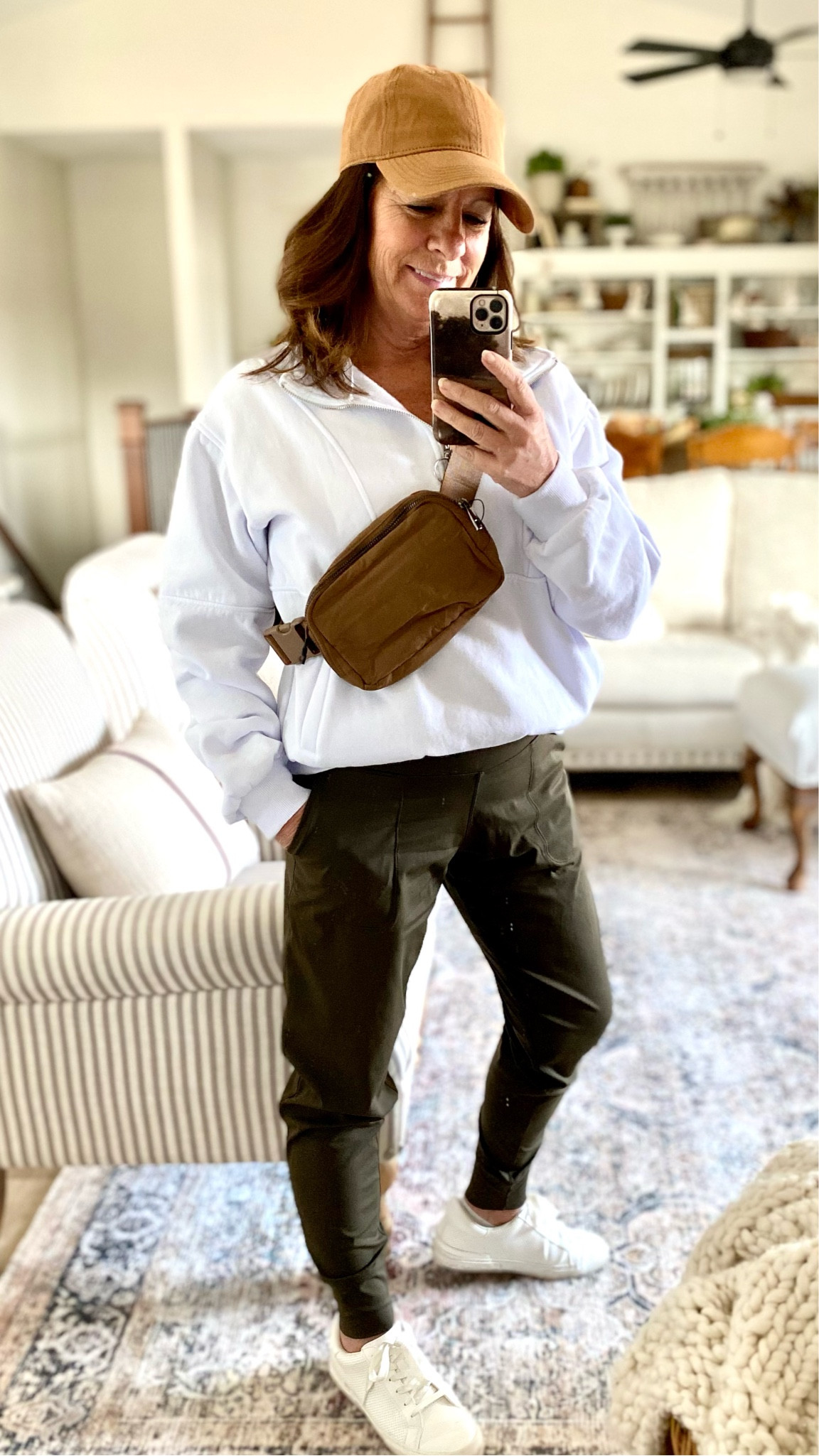 Favorite joggers, Lululemon dupe half zip sweatshirt, white sneakers, camel ball cap

#LTKstyletip #LTKshoecrush #LTKunder50