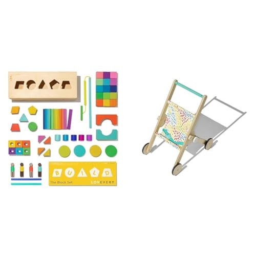Lovevery 70-Piece Solid Wood Building Block Set, Shapes, Storage Box + Wooden Toy Stroller for Pretend Play, Ages 12 Months+ | Amazon (US)