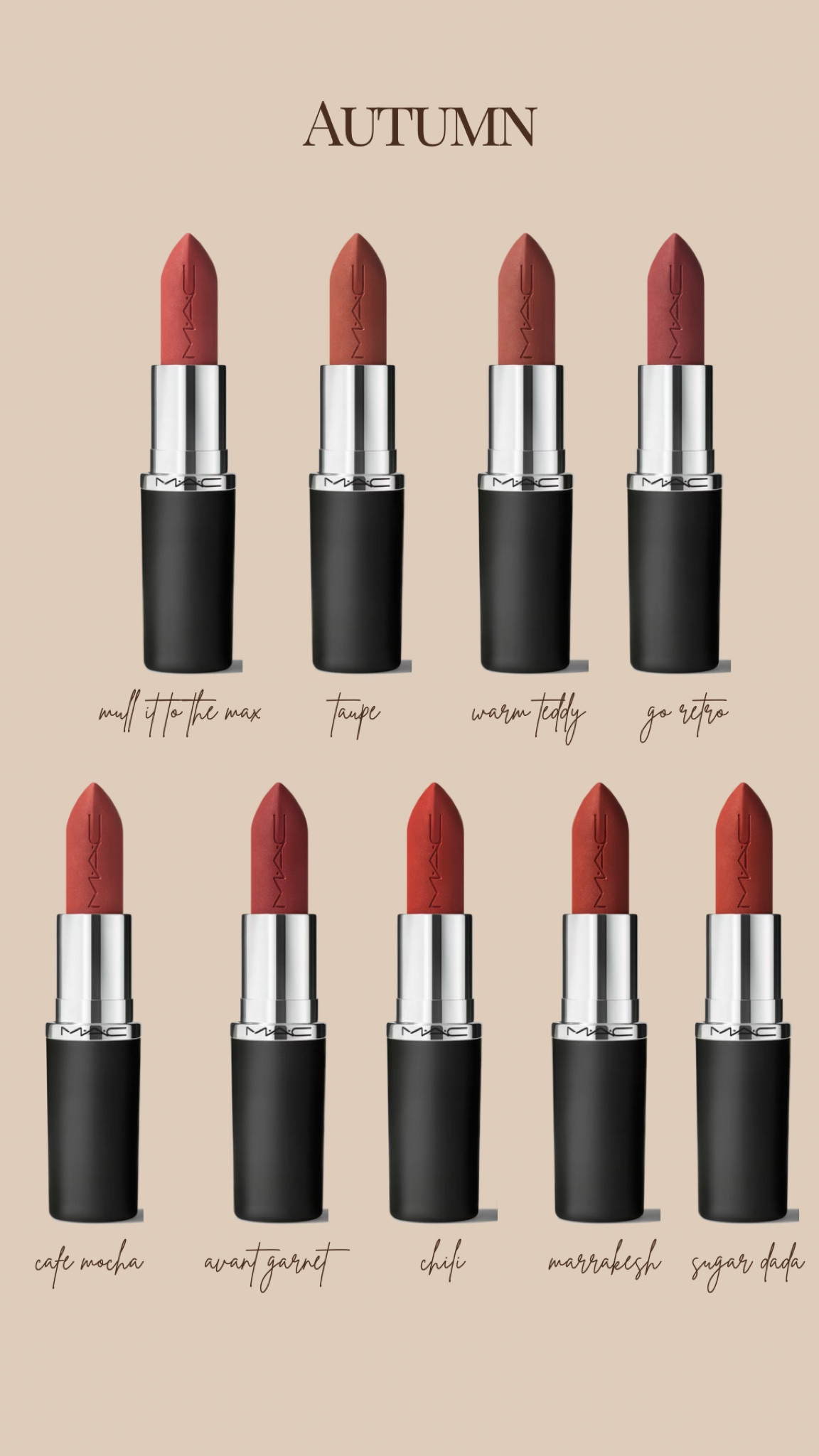 Mac lipstick for autumns, hocautumn, house of Colour autumn, true autumn, soft autumn, dark autumn, color analysis, warm undertones, warm lipstick, orange red, warm brown, nude lips, warm pinks, neutral lip, Nordstrom, sale

#LTKfindsunder50 #LTKbeauty #LTKsalealert