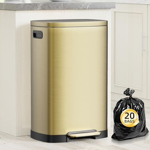 KdbK 13 Gallon Trash Can with Lid, 50L Fingerprint Proof Stainless Steel Kitchen Trash Can with Removable Inner Bucket and Lid Soft Close, Pedal Rubbish Bin for Home Office, Gold | Amazon (US)