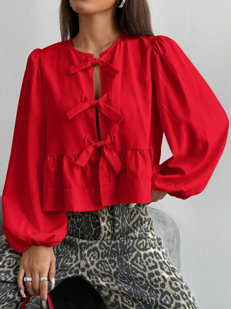 SHEIN EZwear Red Woven Lantern Sleeve Blouse With Tie Bow For Women,Long Sleeve Tops | SHEIN