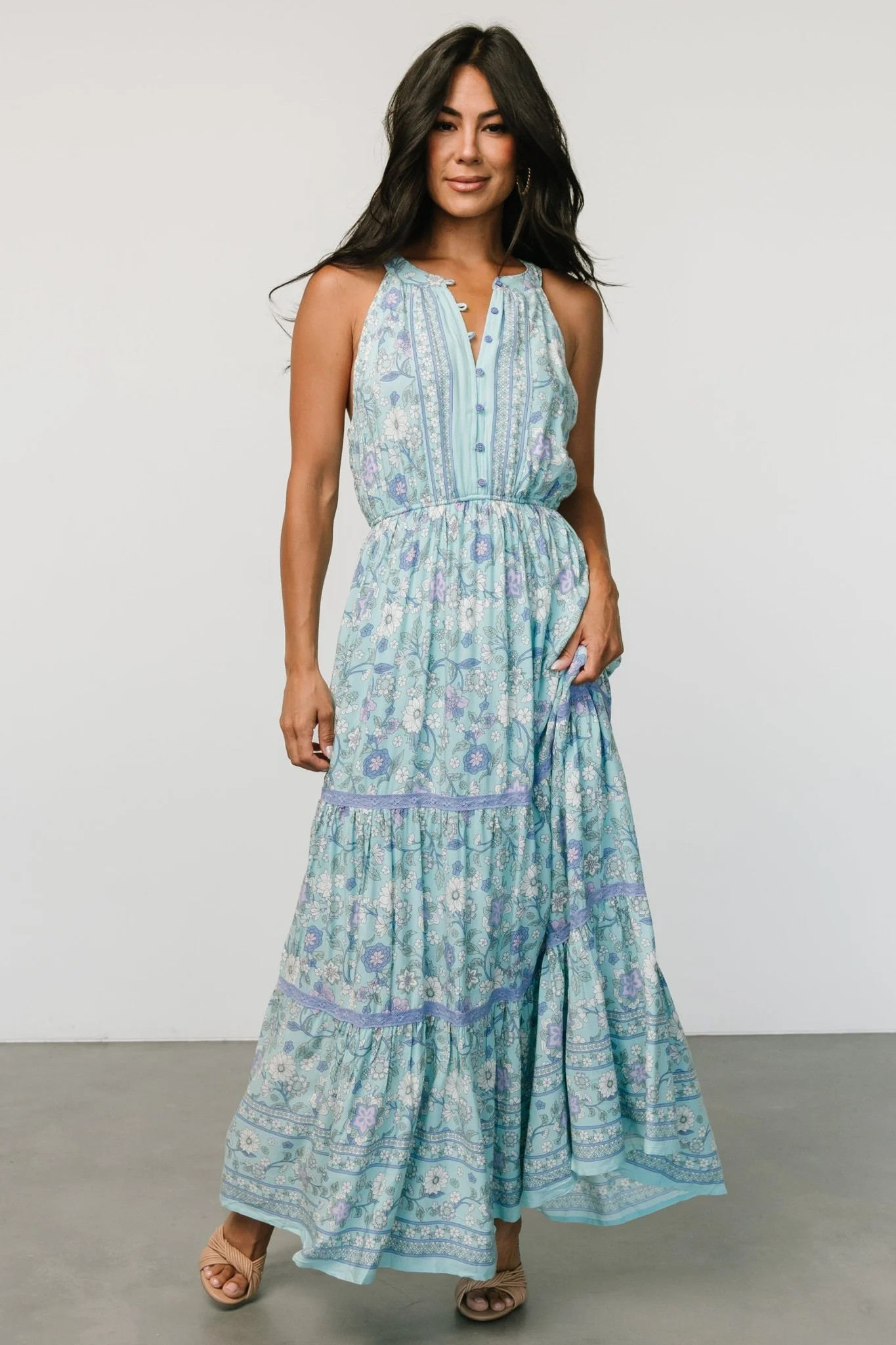 Meline Button Front Maxi Dress | Light Blue Multi | Baltic Born