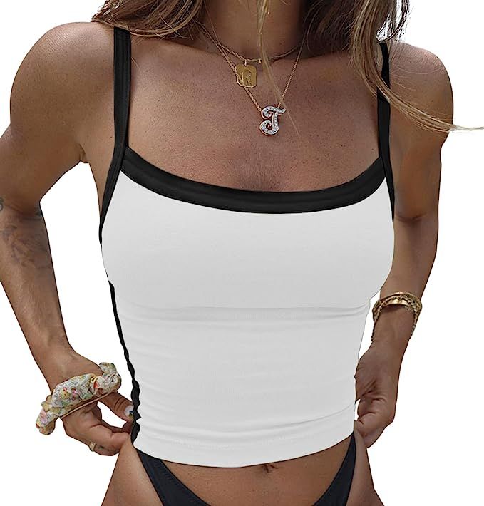 Meladyan Women Color Block Sleeveless Crop Cami Top Square Neck Slim Fit Patchwork Summer Tank Fi... | Amazon (US)