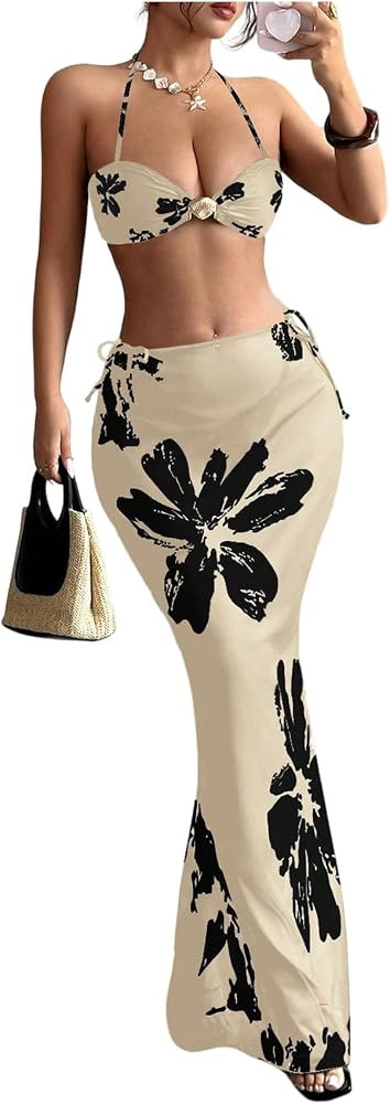 Verdusa Women's 3 Piece Boho Floral Halter Bikini Set Tie Backless Swimsuit with Beach Cover Up S... | Amazon (US)