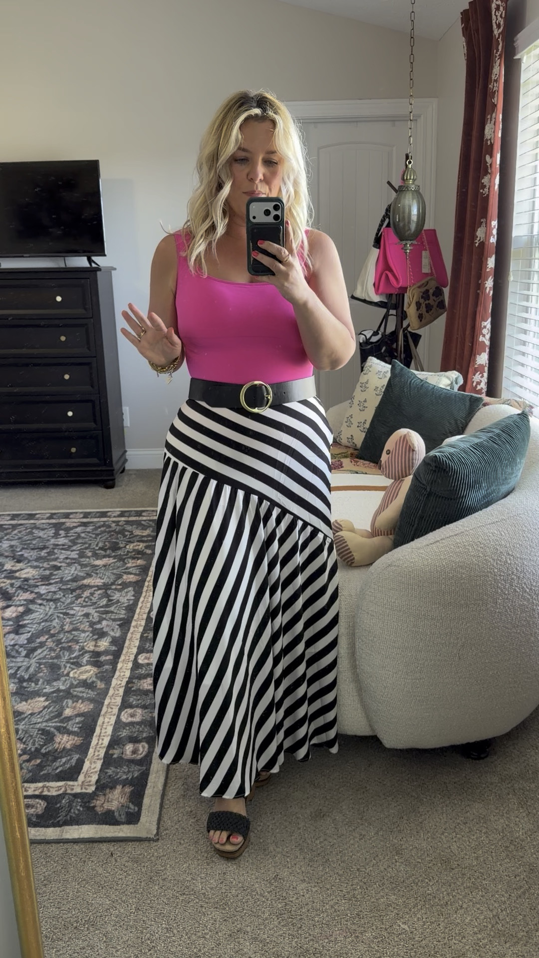 Loving this skirt & top from Amazon + Walmart stretchy belt & these wedges are like walking on CLOUDS!! So comfy!! @Clarks US 

#LTKOver40 #LTKPetite #LTKMidsize
