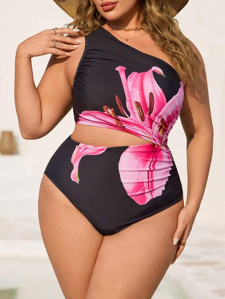 SHEIN Swim Curve Plus Size Women One Piece Positioned Print Asymmetrical Neck Beach Vacation Swim... | SHEIN