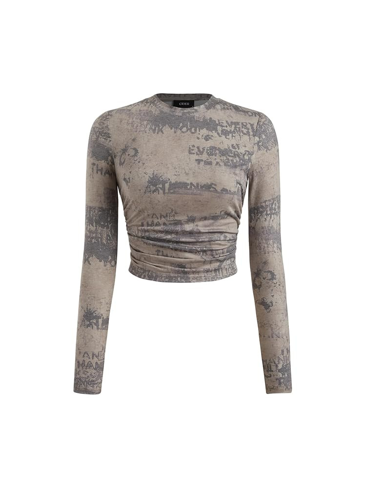 CIDER Women’s Round Neck Tie Dye Ruched Long Sleeve Fitted Crop Top Graphic Y2K Grunge Shirts | Amazon (US)