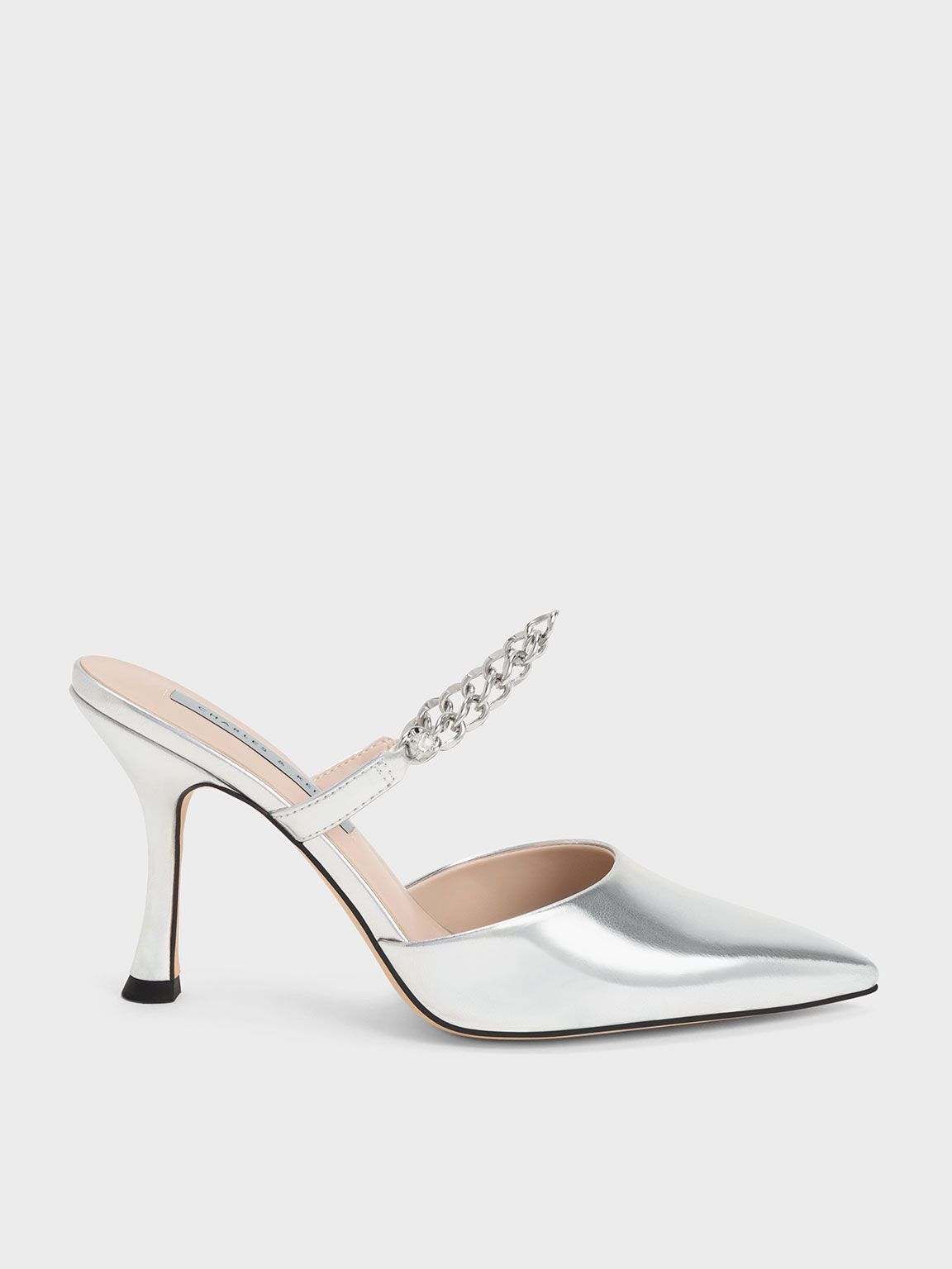 Chain-Link Strap Heeled Mules
 - Silver | Charles & Keith UK