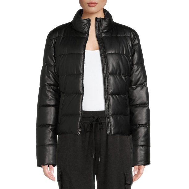 Time and Tru Women's Faux Leather Cropped Puffer Jacket - Walmart.com | Walmart (US)