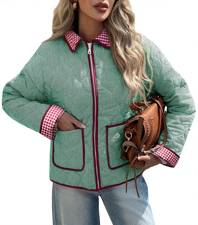 Tankaneo Womens Cropped Quilted Jackets Plaid Lightweight Full Zip Up Jacket Puffer Padded Coat w... | Amazon (US)