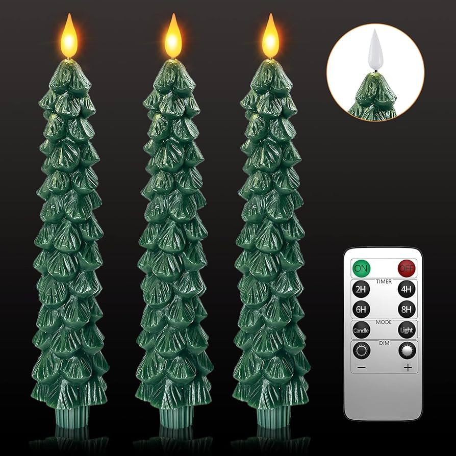 PChero 3 Pack Flameless Taper Candles with Remote Timer, 9.7 Inches Real Wax Christmas Tree Candlesticks, Battery Operated Window Candles for Xmas Fireplace Holiday Home Party Decor | Amazon (US)