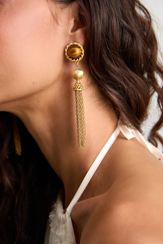 Nymph Gold Tigers Eye Tassel Statement Earrings | Lulus