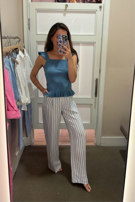 My favorite combo that I tried on! These striped linen pants are so good! I do suggest sizing down. I’m in a 00R and I’m 5’4”. Tank fits TTS. Cute for a beach vacation 

#LTKsalealert #LTKunder50 #LTKtravel