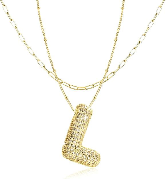 Bubble Letter Necklace Gold for Women Girls,14K Gold Plated Diamond Zirconia Initial Necklaces fo... | Amazon (US)