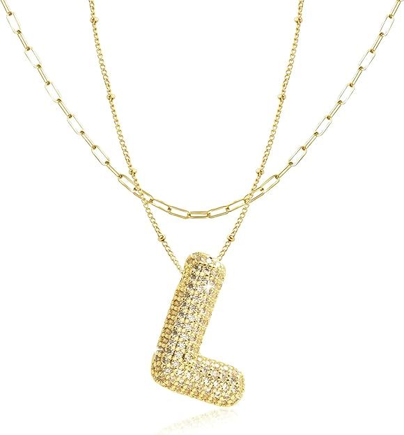 Bubble Letter Necklace Gold for Women Girls,14K Gold Plated Diamond Zirconia Initial Necklaces fo... | Amazon (US)