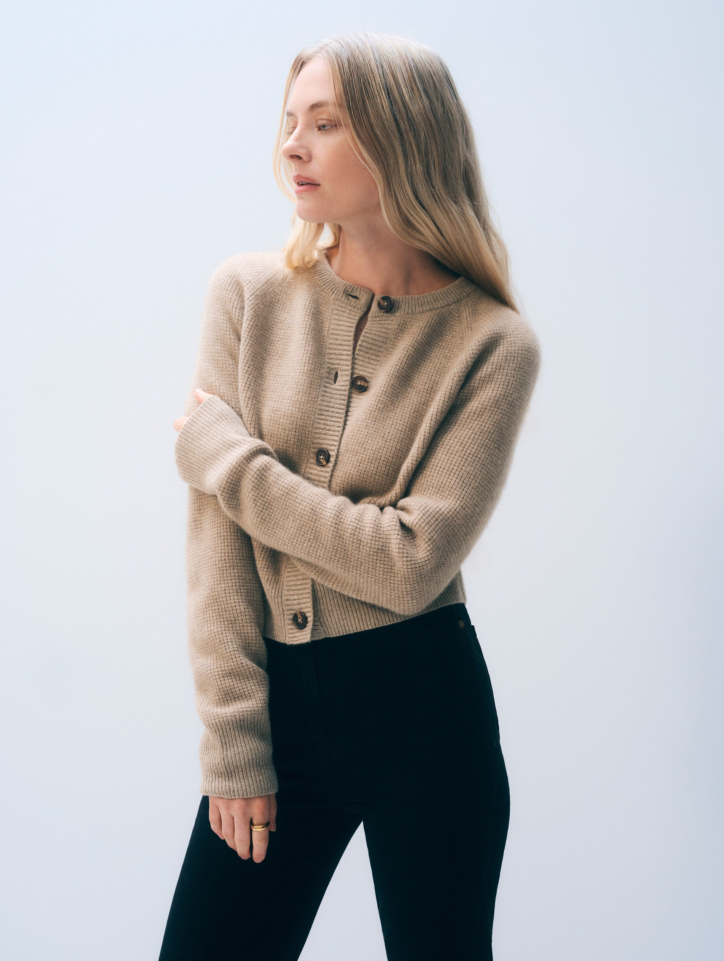 Cashmere Waffle Cardigan | Taupe Heather | White and Warren