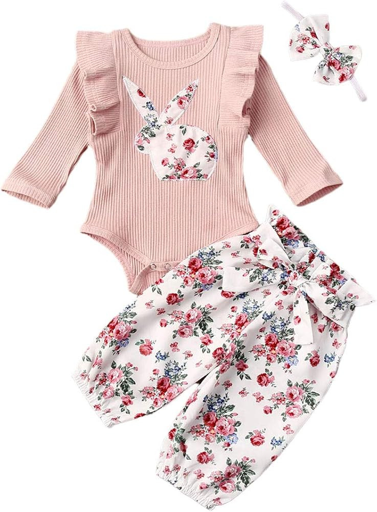 Newborn Infant Baby Girls Easter Outfits Bunny Long Sleeve Knitted Romper Bodysuit Floral Pants Head | Amazon (US)