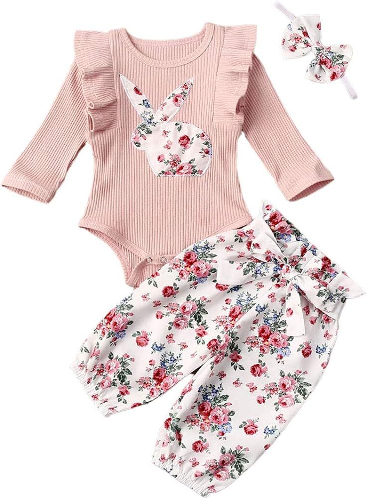 Newborn Infant Baby Girls Easter Outfits Bunny Long Sleeve Knitted Romper Bodysuit Floral Pants Head | Amazon (US)
