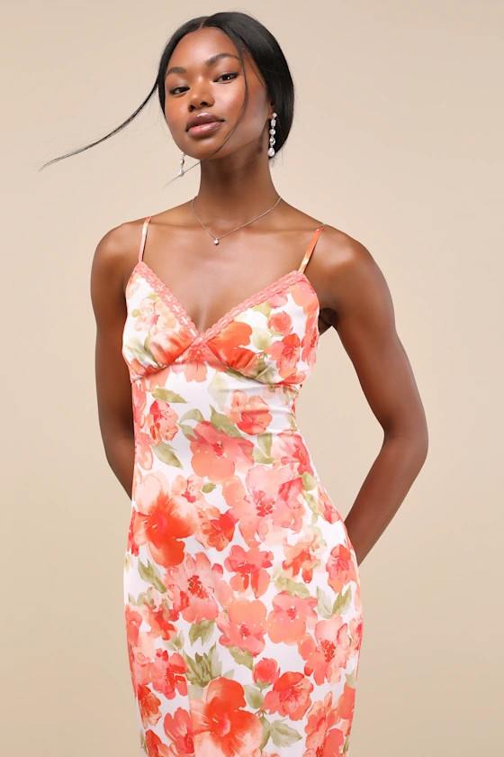 Mattie Orange Floral Satin Lace Midi Slip Dress | Lulus