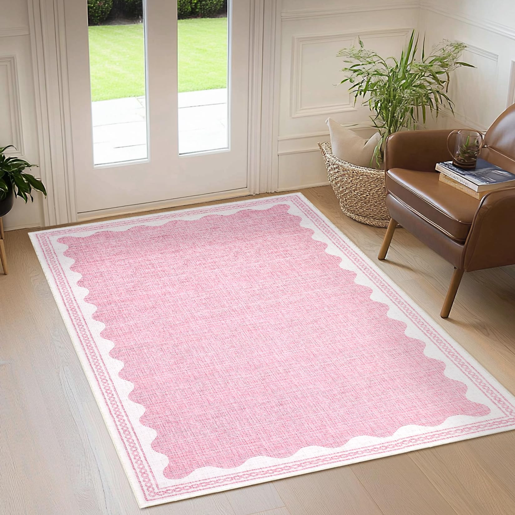 Scalloped 3x5 Rugs for Entryway, Small Area Rug Solid Pink Rug for Bedroom Girls, 3x5 Washable Ru... | Amazon (US)