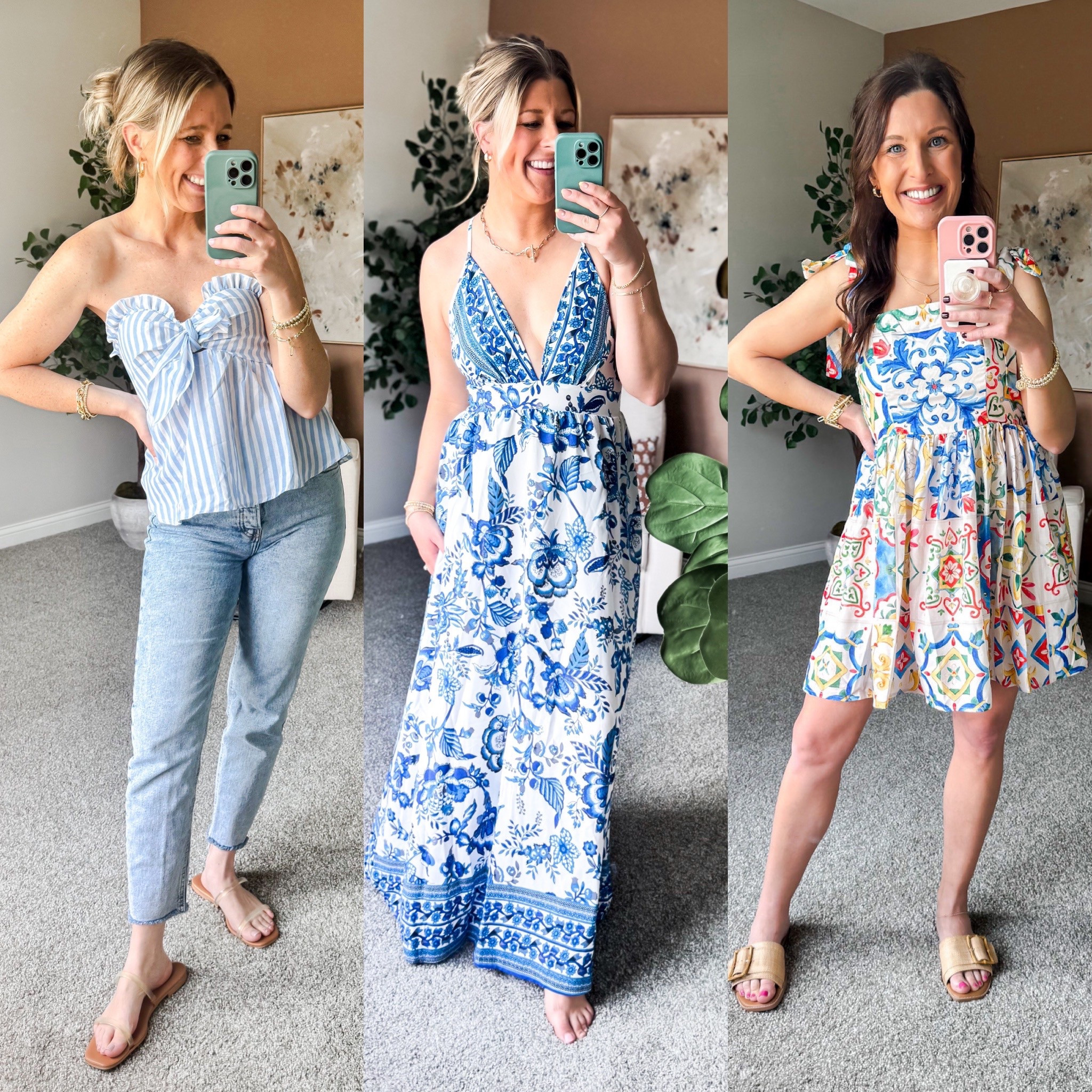 Kristen is wearing a small in the bandeau top and a 0 in the jeans from Old Navy!

Kortney is wearing a medium in the blue and white dress

Maranda is wearing a small in the colorful dresss

#LTKFindsUnder50 #LTKSeasonal