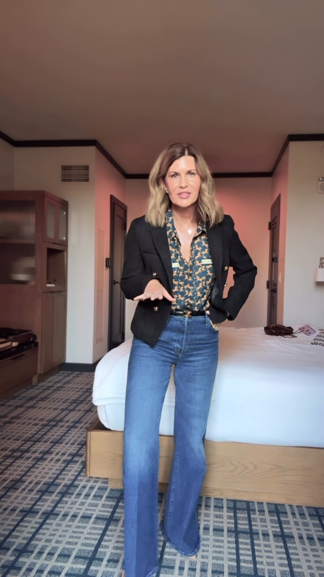 Size small top. If between sizes, size up in jeans 
I’m 5’6 for reference 
Snappy casual outfit idea 
Size small tweed blazer 

#LTKOver40 #LTKStyleTip