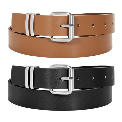 JASGOOD 2 Pack Women Belts for Jeans Ladies Leather Waist Belt for Pants Dresses with Silver Buckle | Amazon (US)
