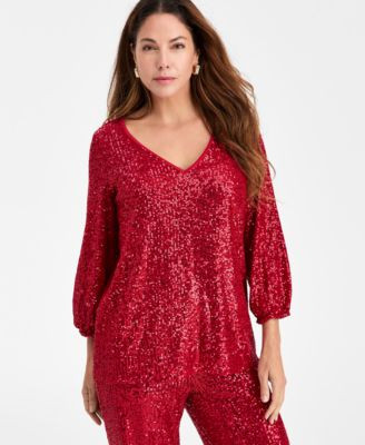 JM Collection Women's Sequinned 3/4-Sleeve Top, Macy's Exclusive - Macy's | Macy's