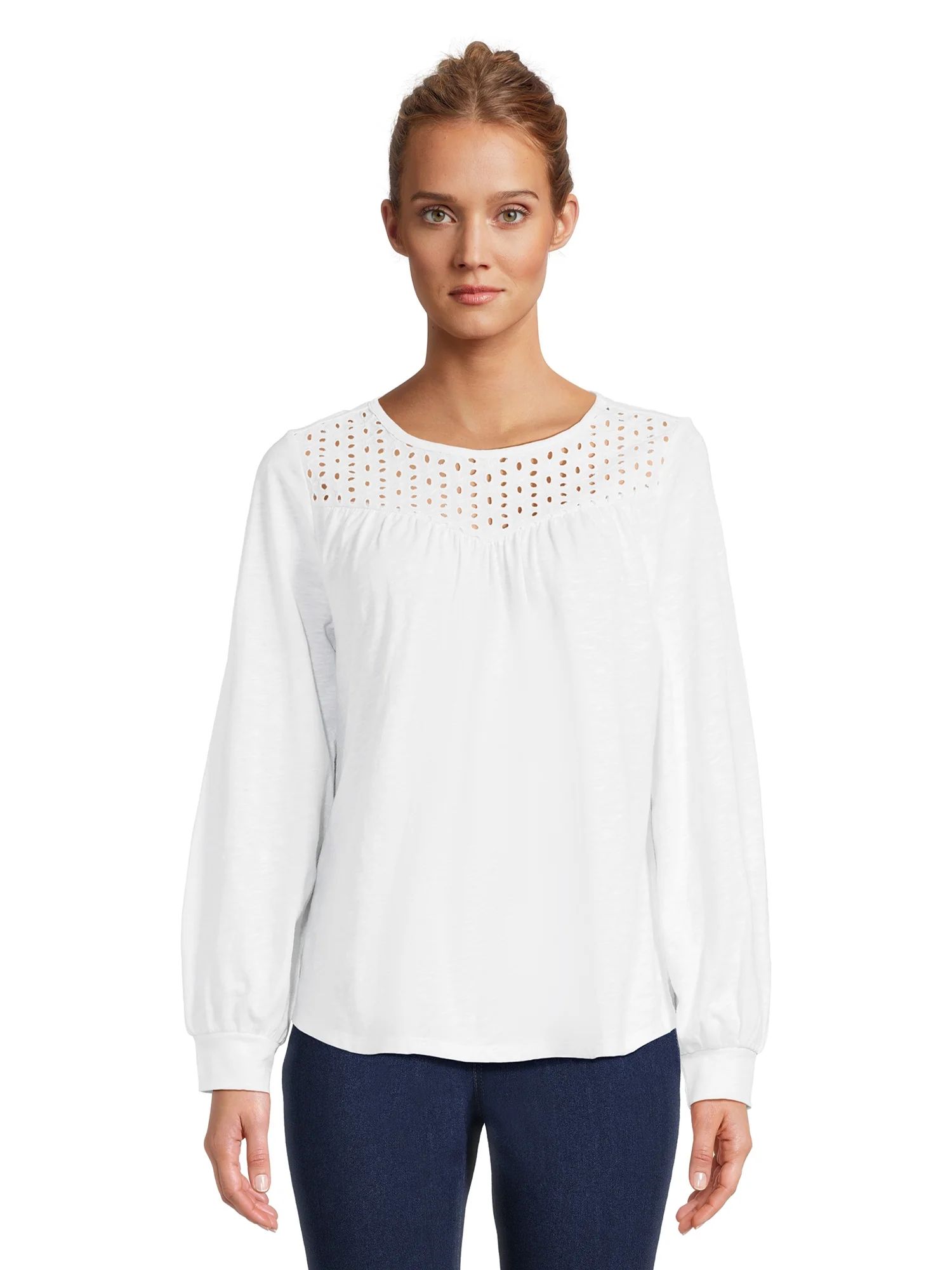 Time and Tru Women's Eyelet Top with Long Sleeves, Sizes XS-XXXL | Walmart (US)