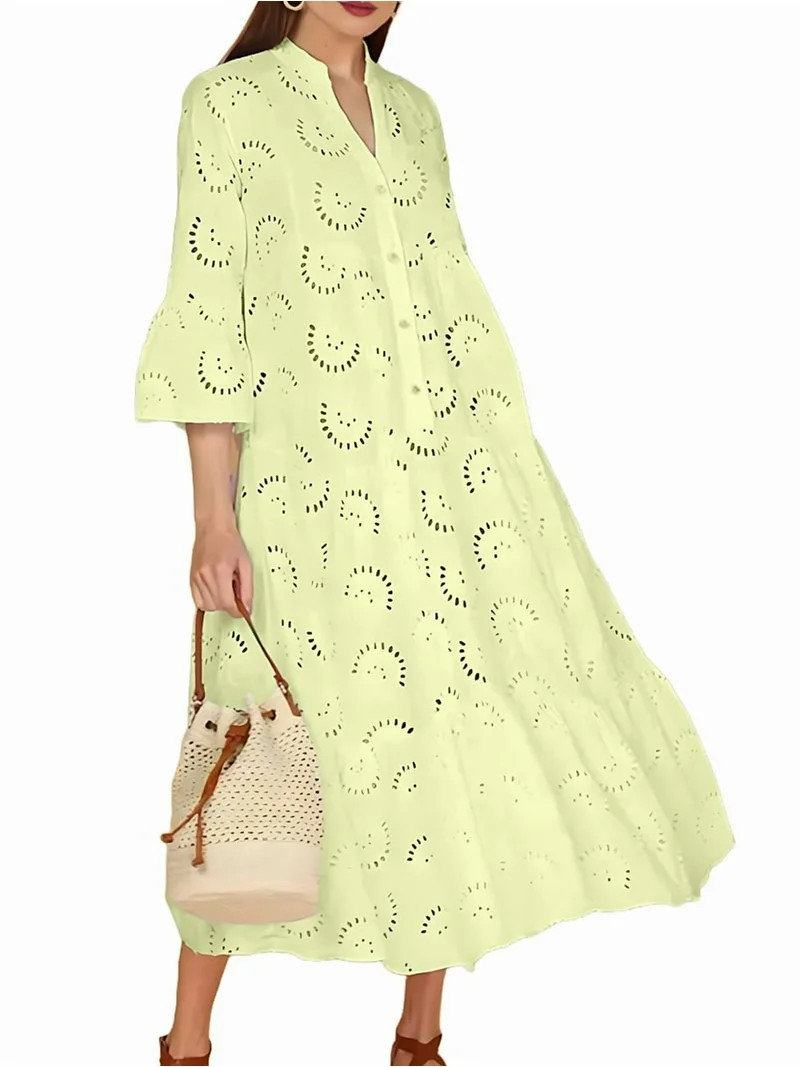 Women'S 2025 Lace Eyelet Embroidery Maxi Dress V-Neck Trumpet Sleeve Boho Flowy Swing Dress Light... | Walmart (US)