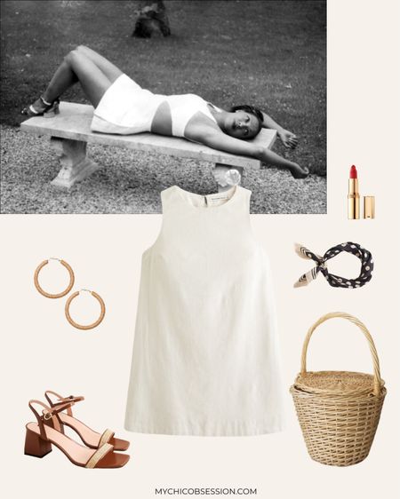 With a nod to the iconic Josephine Baker, here’s a charmingly chic and effortlessly stylish summer outfit. The centerpiece is a crisp white linen shift dress cut just above the knee, evoking a retro '60s vibe. To keep it casual and breezy, I've paired it with some natural wicker - a roomy basket bag perfect for the beach or market. On the ears, raffia hoop earrings in earthy hues add texture and a handmade artisanal feel. Around the neck, hair, or bag, a vibrant silk scarf adds a pop of color and pattern. For the feet, comfortable block heel sandals in tan leather complete the look with a little lift while still being walkable. With its lightweight fabrics, playful accessories, and vintage inspiration, this relaxed ensemble is perfect for soaking up the sun and embracing that carefree summer feeling!

#LTKfindsunder100 #LTKSeasonal