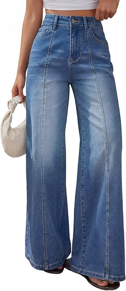 Trendy Queen Women's Wide Leg Baggy Jeans High Waisted Front Seam Pants | Amazon (US)
