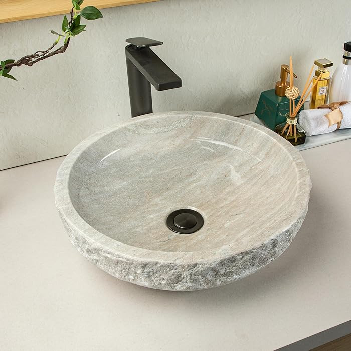Hand chiseled stone sink - Medium 16 inch round style tray - Crafted from 100% natural marble - U... | Amazon (US)