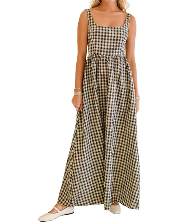 Women's Casual Sleeveless Gingham Print Maxi Dress with Pockets | Amazon (US)