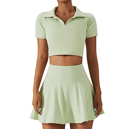 Tennis Dress for Women 2 Piece Skirt Sets High Waist Pleated Tennis Skirts with Built in Shorts and Pockets V Neck Short Sleeve Crop Top Workout Athletic Dresses Outfits Light Green Small | Amazon (US)