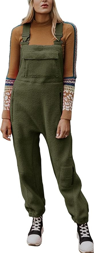 Women's Fleece Overalls Winter Warm Loose Casual Jumpsuits with Multiple Pockets Elastic Harness | Amazon (US)