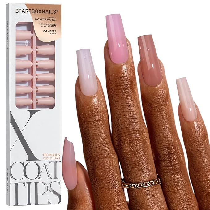 BTArtboxnails XCOATTIPS Bare 5-Shades Nude Press on Nails - Medium Coffin Press on Nails, 4-Week ... | Amazon (US)