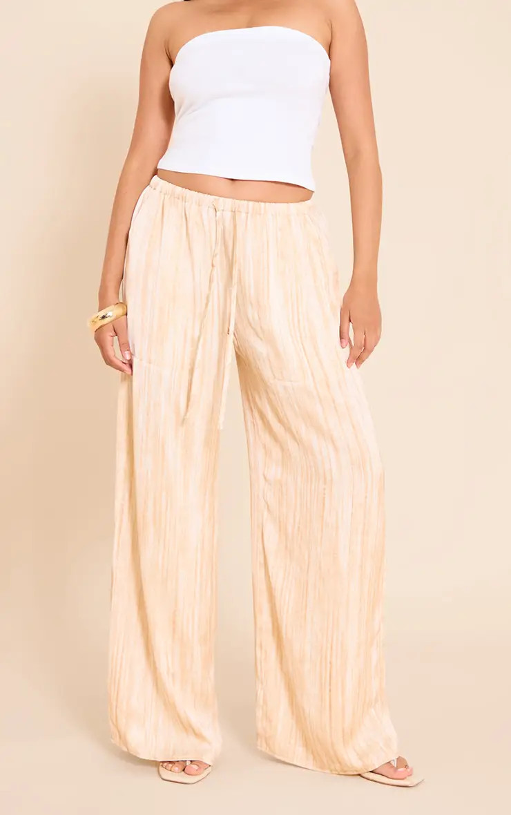 Cream Textured Woven Printed Satin Wide Leg Trousers | PrettyLittleThing UK