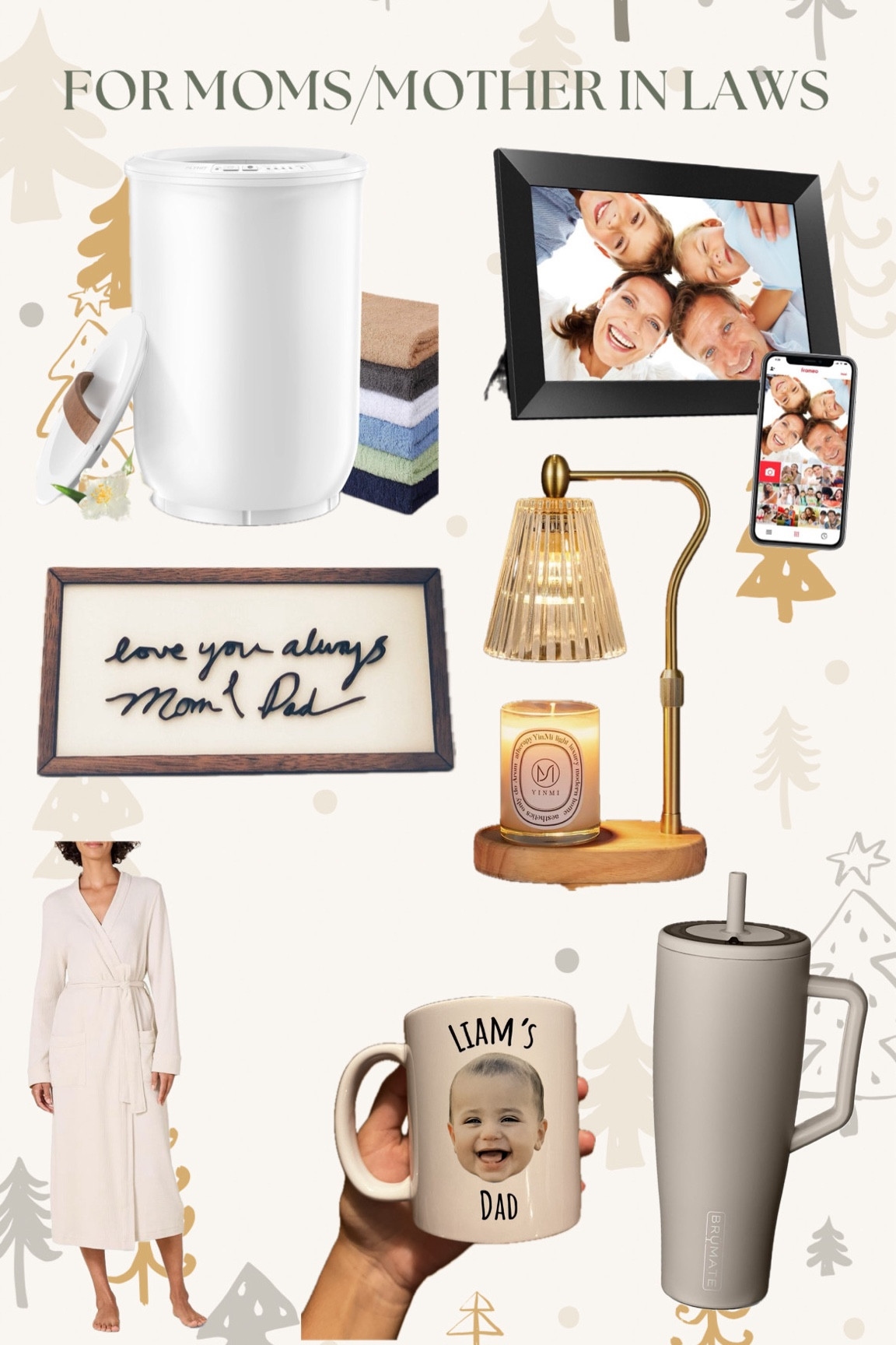 Gifts for your mom/mother in law!
-towel warmer
-digital picture frame
-handwritten frames gifts
-candle warmer lamp
-robe
-brunate
-customized mug

#LTKFindsUnder100 #LTKGiftGuide #LTKSaleAlert