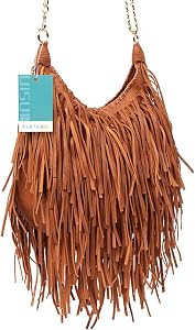 LUI SUI Women's Fringed Faux Suede Leather Cross Body Bag Chain Shoulder Bag Tassel Handbag | Amazon (US)
