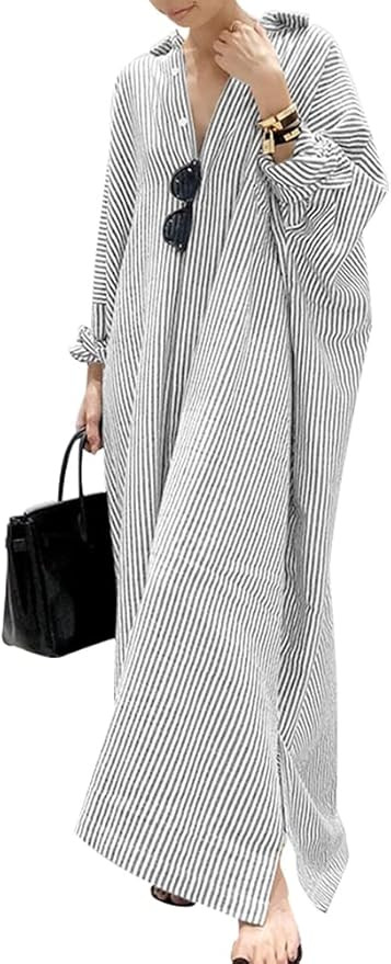 chouyatou Women's Casual Long Sleeve Button Down Loose Striped Cotton Maxi Shirt Dress | Amazon (US)