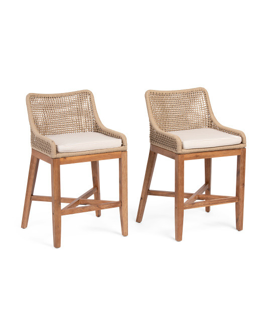 Set Of 2 Grid Weave Rope Counter Stool With Acacia Wood Base | TJ Maxx