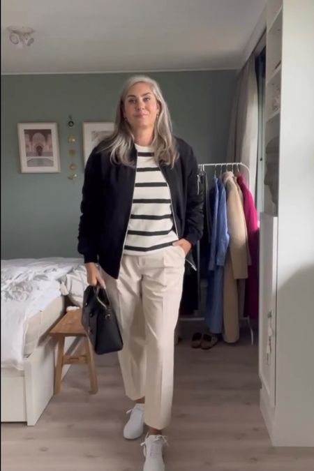 30 days of fall outfits. Day 28. 
Beige heattech ankle length trousers, supima cotton t-shirt, striped sweatshirt, bomber jacket, puma sneakers, Michael Kors handbag. 



#LTKover40 #LTKeurope #LTKstyletip