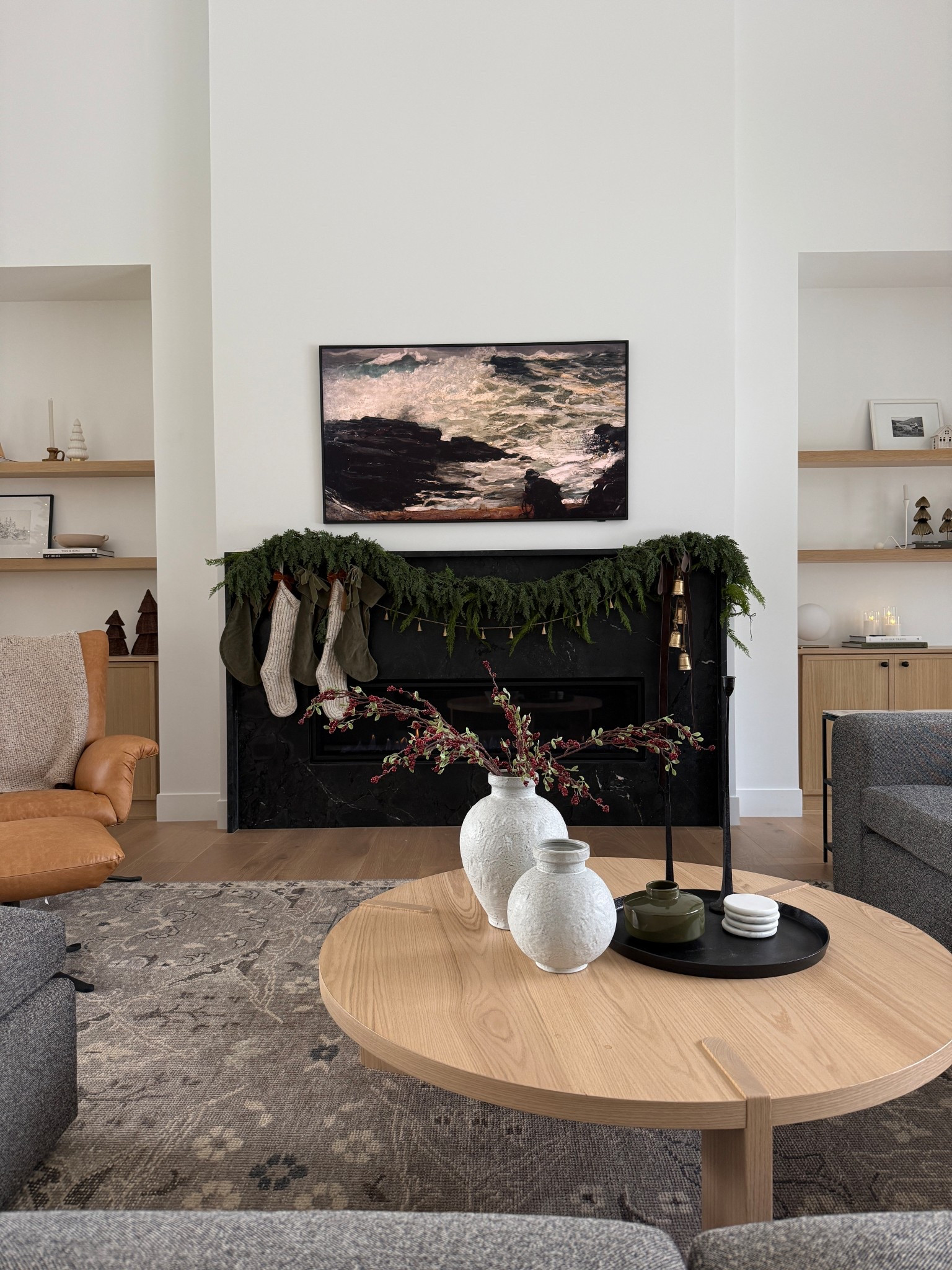 Christmas 2025 mantle is ready! Love the full look but nothing over the top, added brass bells and some olive green this year- the dark brown velvet ribbon is a favorite too 

#LTKHoliday #LTKHome