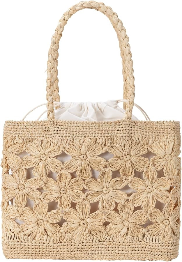 Floral Woven Straw Purse, Top-Handle Tote Hobo Bag with Drawstring Lining, Summer Beach Handbag f... | Amazon (US)