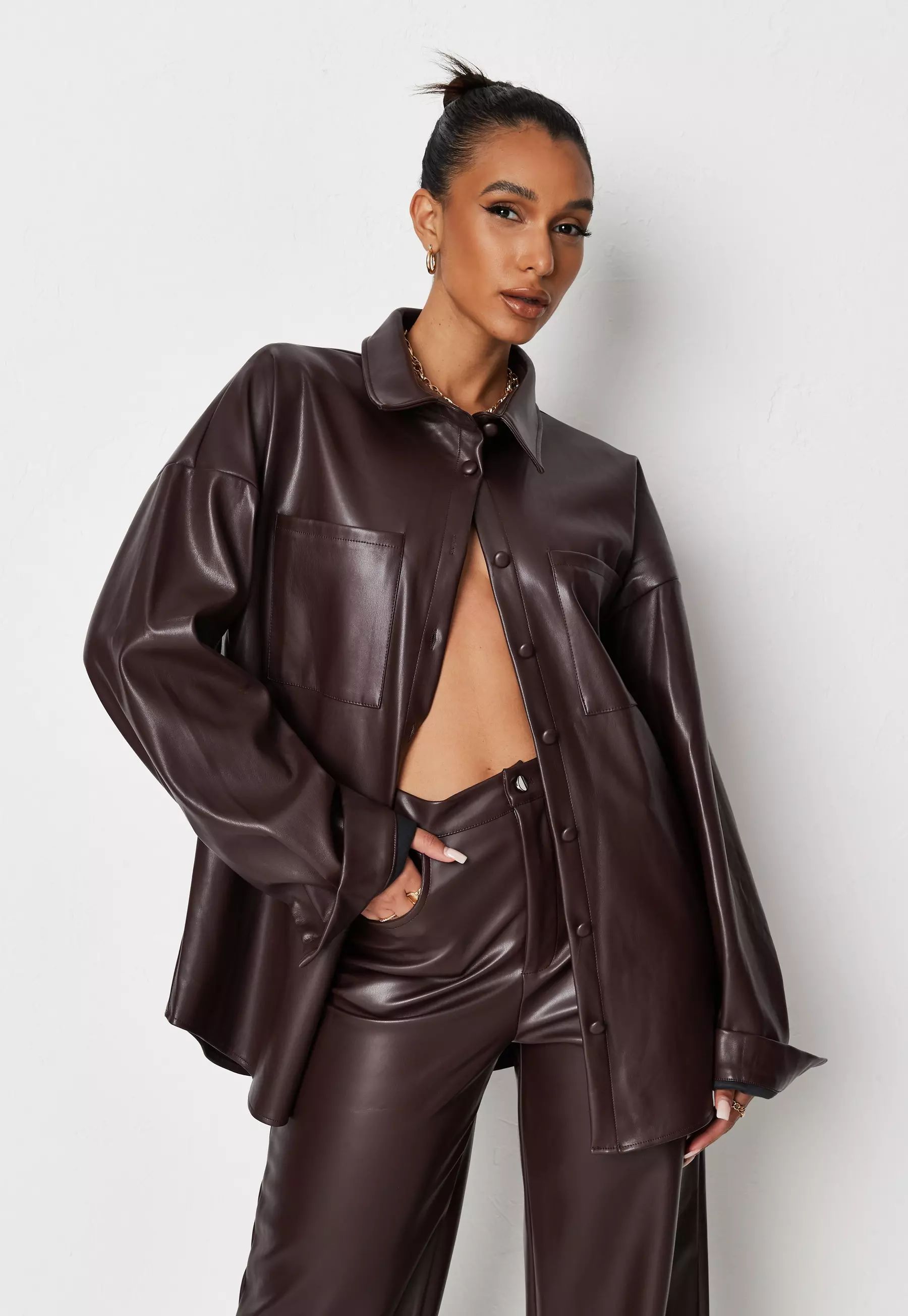 Missguided - Jordan Lipscombe x Missguided Chocolate Faux Leather Oversized Shirt | Missguided (US & CA)