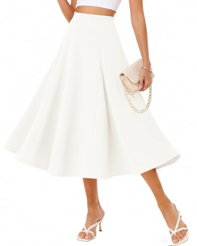 Dressystar Flared High Waisted Pleated Midi Skirts for Women Work White M | Amazon (US)