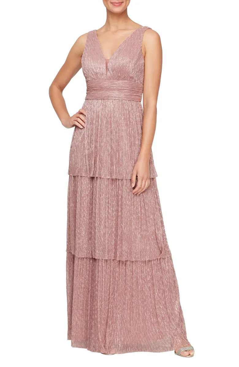 Alex & Eve Metallic Sleeveless Tiered Gown | Nordstrom | Nordstrom