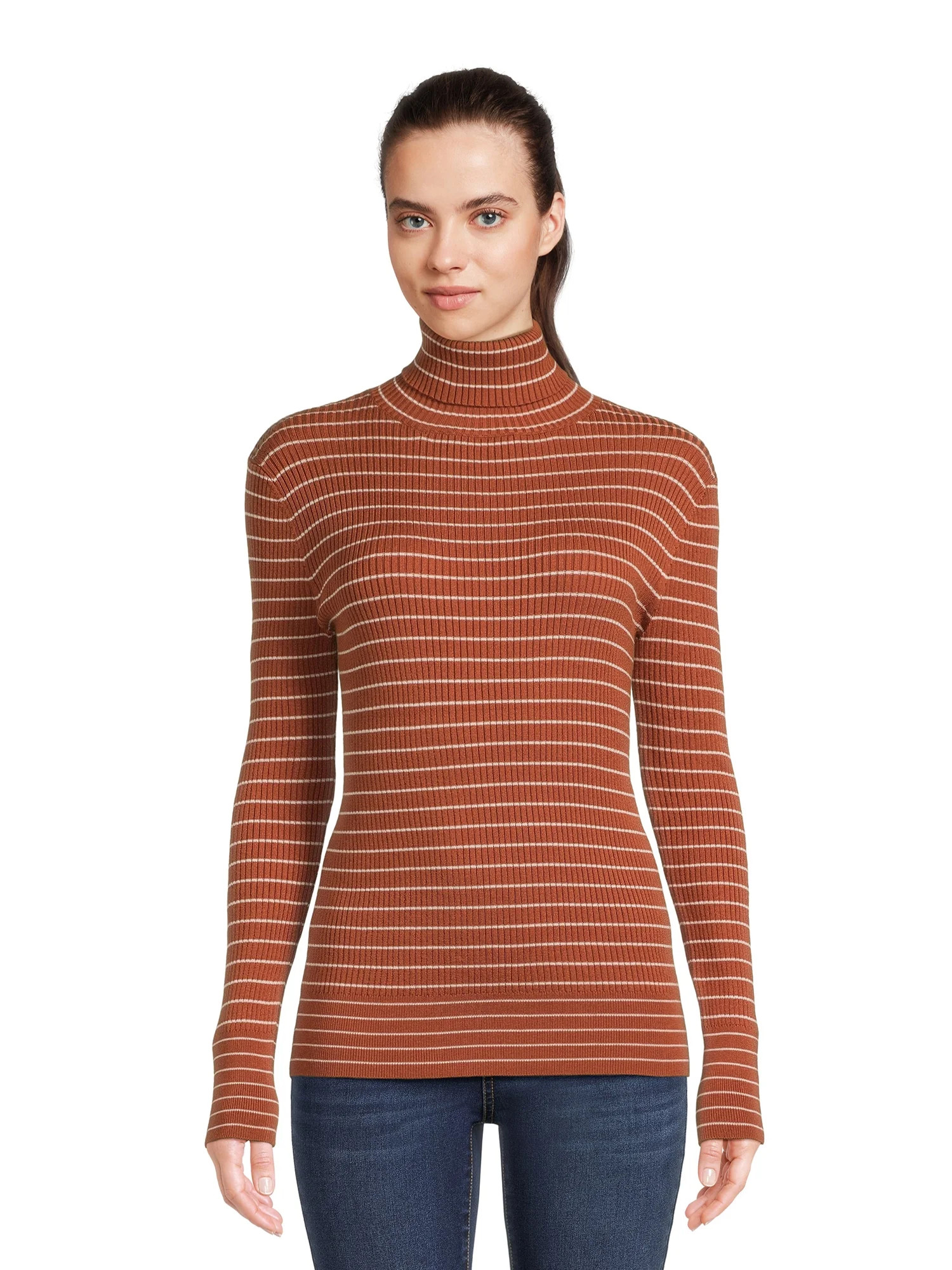 Time and Tru Women's Striped Ribbed Turtleneck, Sizes XS-XXXL | Walmart (US)