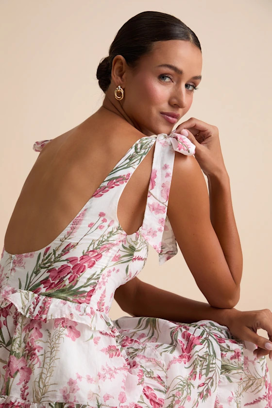 Naenia White Floral Tiered Tie-Strap Midi Dress | Lulus